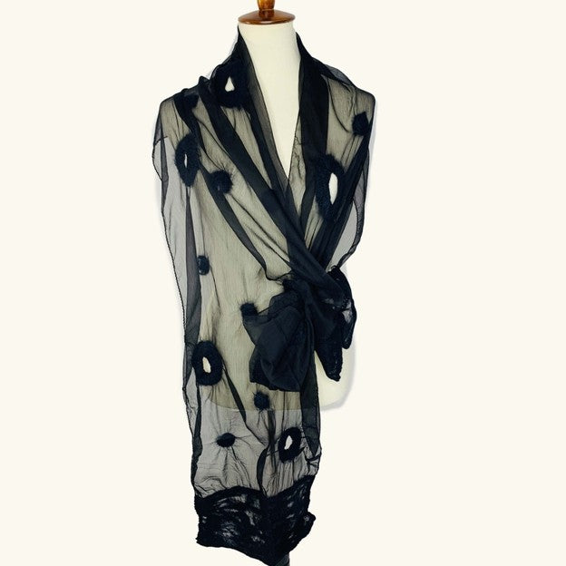 Artisan Shawl,  Circles and Dots, Black Scarf, Handmade