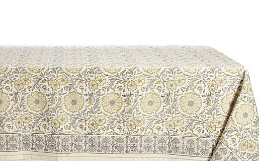 Refined Minimalist Block Print Zinnia Table Cloth And Matching Napkin Sets