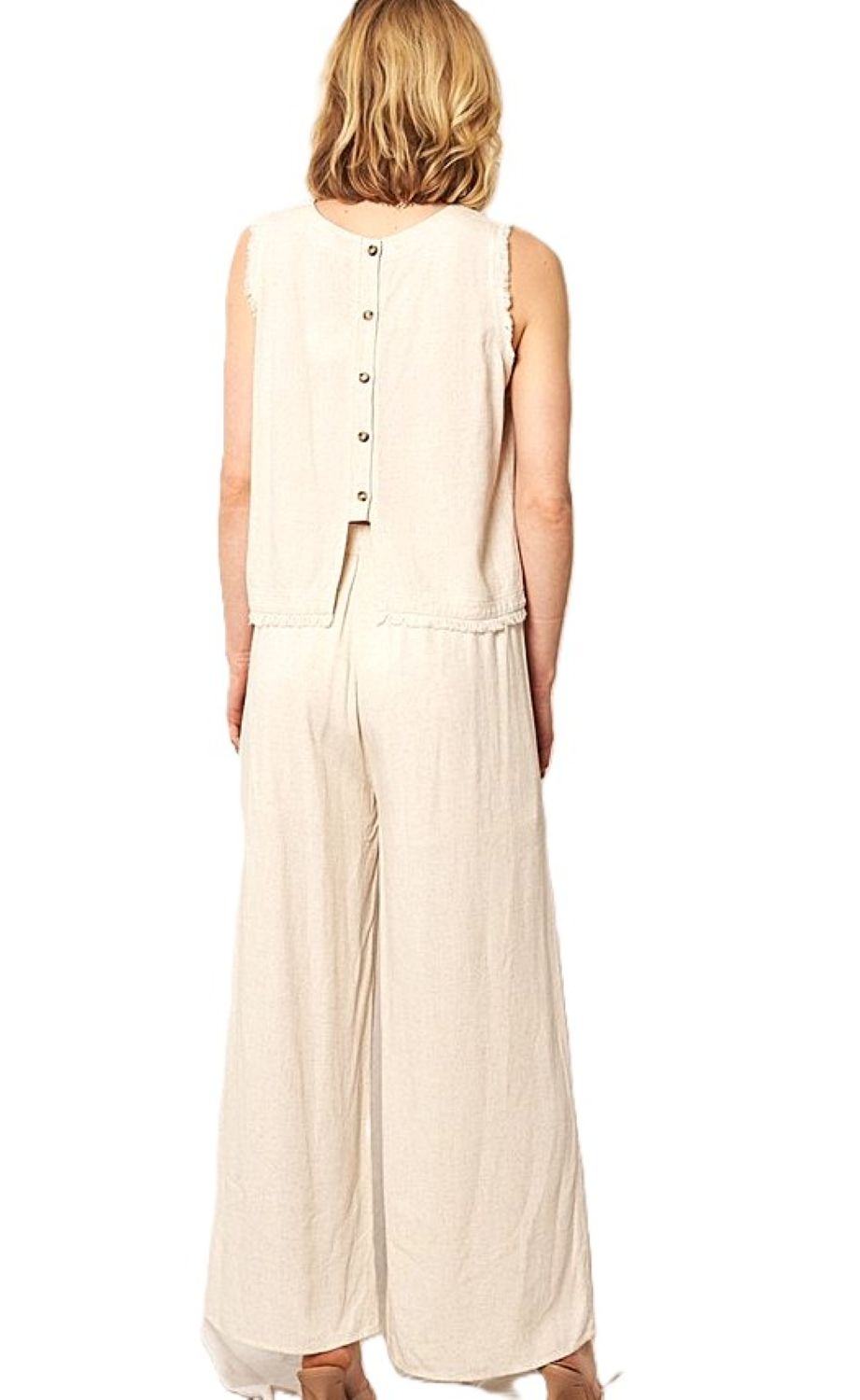 Pant Sets, Linen Crop Top With Banded Waist Pants (Natural)