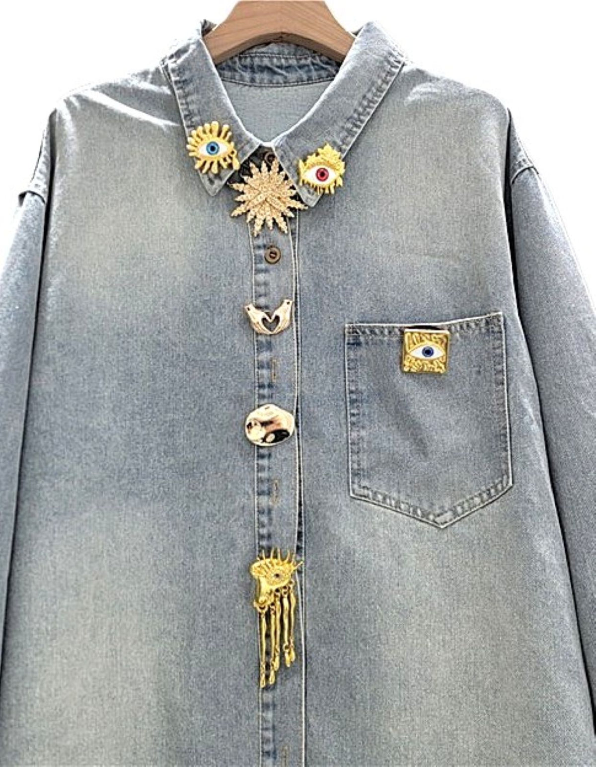 Tops: Vintage Washed Denim Shirt Oversized With Decorative Metal Accents. Chic Style