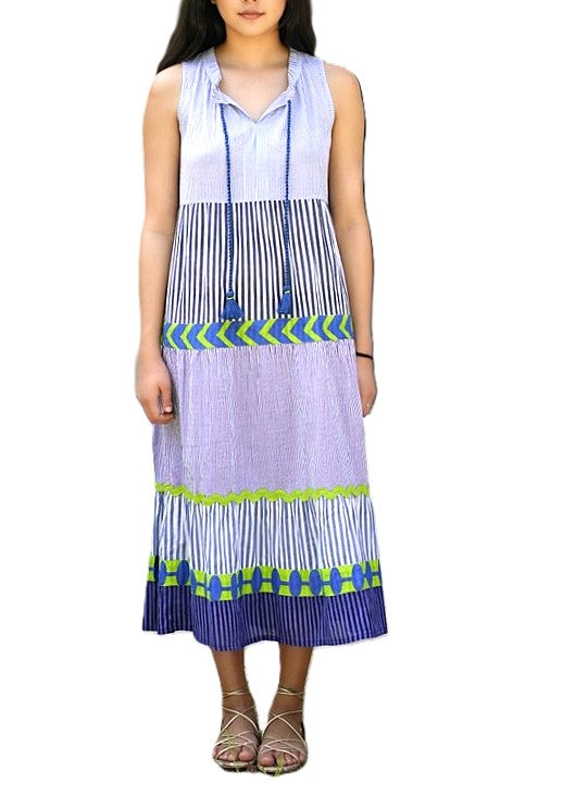Dresses: Sleeveless Handloomed Maxi Dress With Handmade Contrast Detailing.