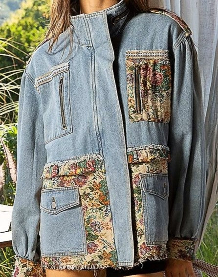 High Neck Raw Edged Tapestry Denim Jacket Elevates Denim To New Heights.