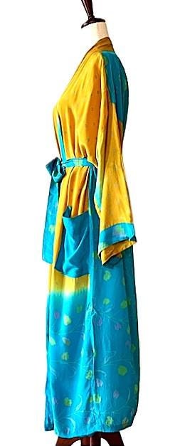 Long Silk Kimono Duster,  Dramatic Mixed Prints. (Bronze Turquoise)