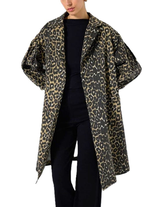 Leopard Print Balloon Sleeve Trench Coat. European Design.