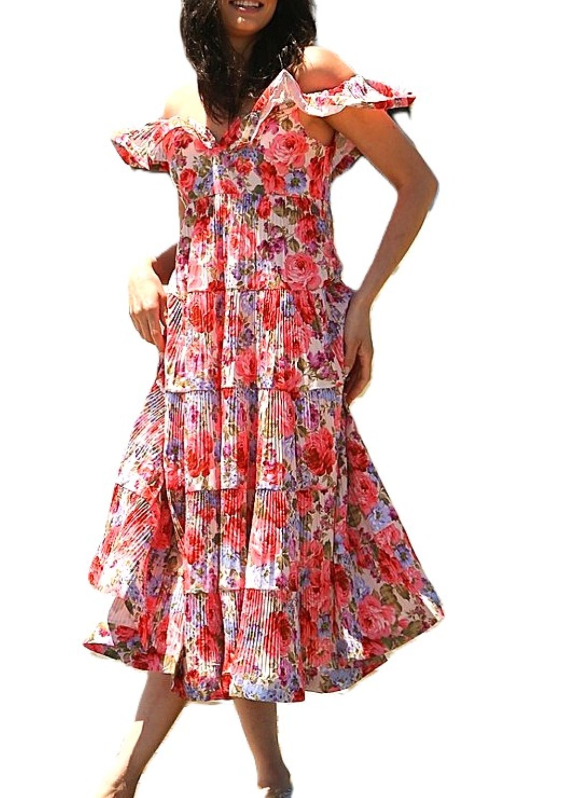 Dresses: Floral Print Tiered & Ruffled Pleats Midi Dress.