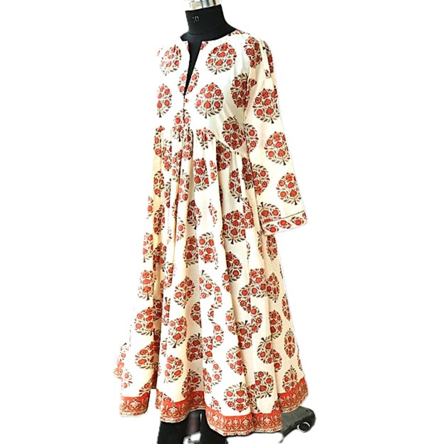 Dresses: Flattering Flared Midi Block Print Floral Cotton. (Red)