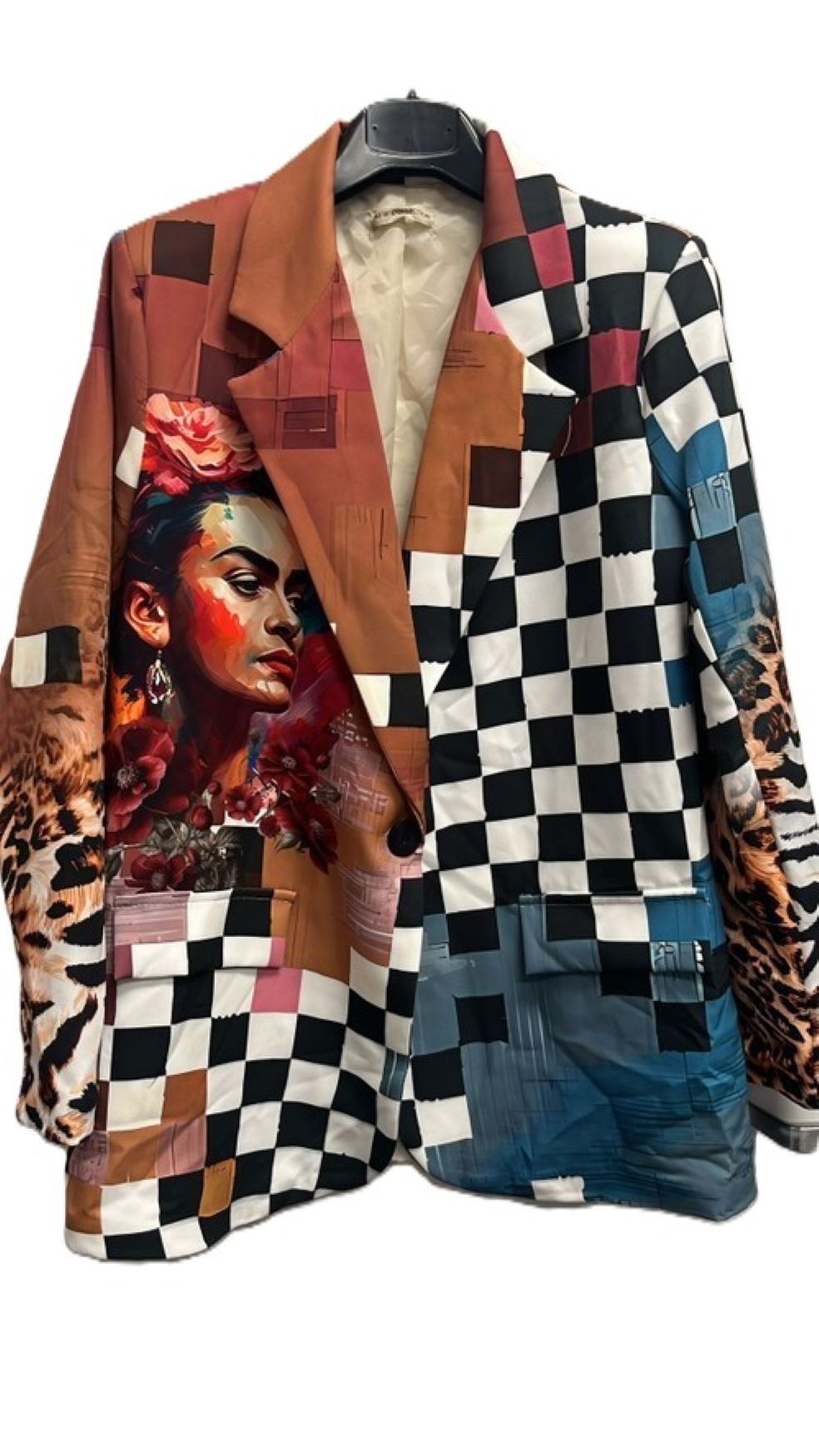 Contemporary Italian Blazer-One Size Art "Frida" Print Blazer (Checkered).