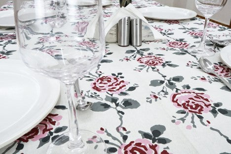 Roses and Ribbons Handcrafted Wooden Block Printed Cotton Tablecloth.