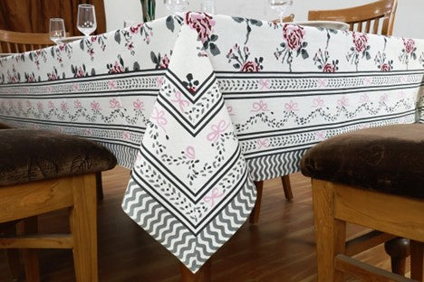 Roses and Ribbons Handcrafted Wooden Block Printed Cotton Tablecloth.