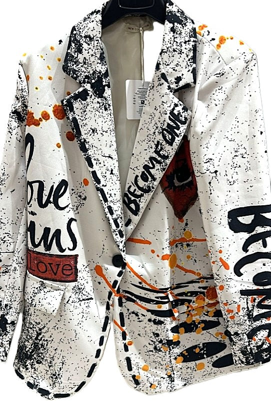 One Size Italian White Love Print Blazer
