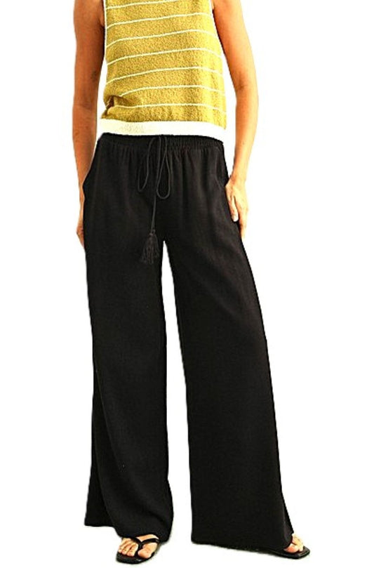 Cotton Linen Smocked Waist Pants with Tassel.(Black)