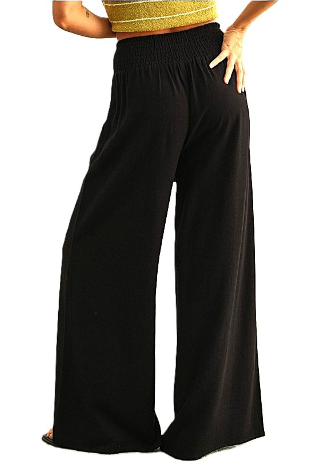 Cotton Linen Smocked Waist Pants with Tassel.(Black)