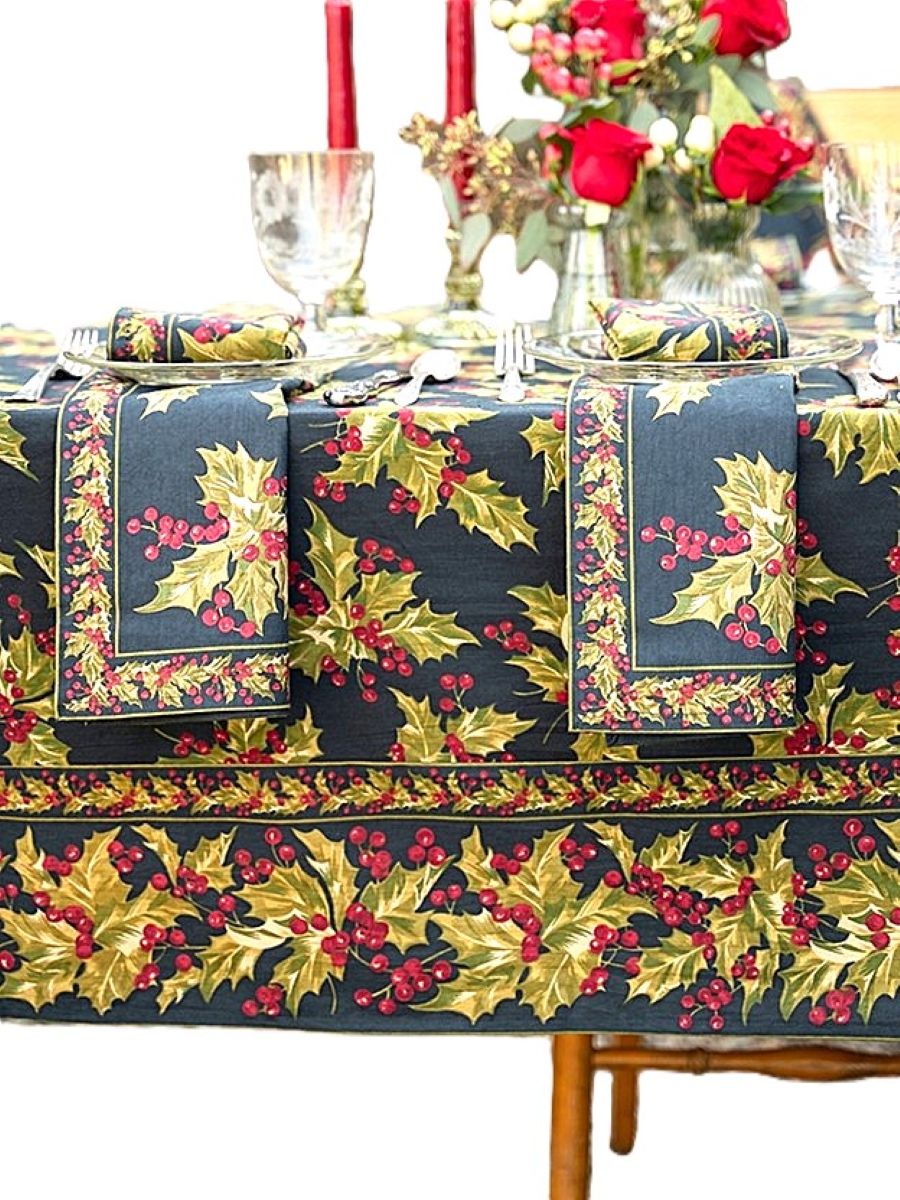 Winterberry Print Tablecloth Sets The Stage For A Festive Holiday Affair. Black (2 sizes)