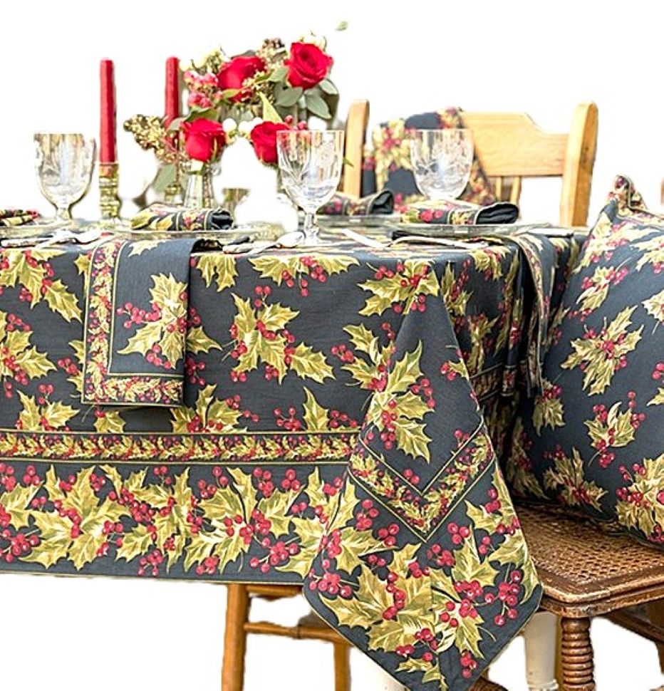 Winterberry Print Tablecloth Sets The Stage For A Festive Holiday Affair. Black (2 sizes)