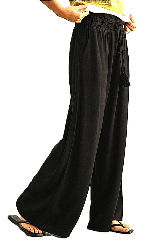 Cotton Linen Smocked Waist Pants with Tassel.(Black)