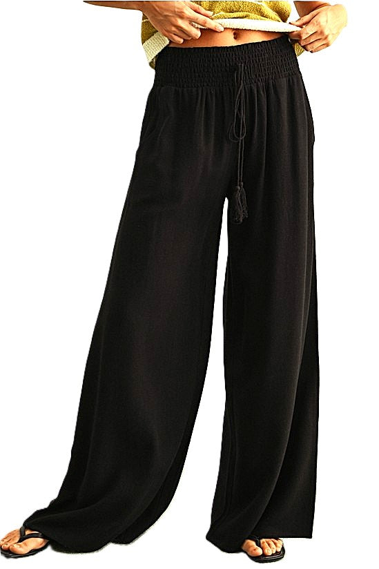 Cotton Linen Smocked Waist Pants with Tassel.(Black)