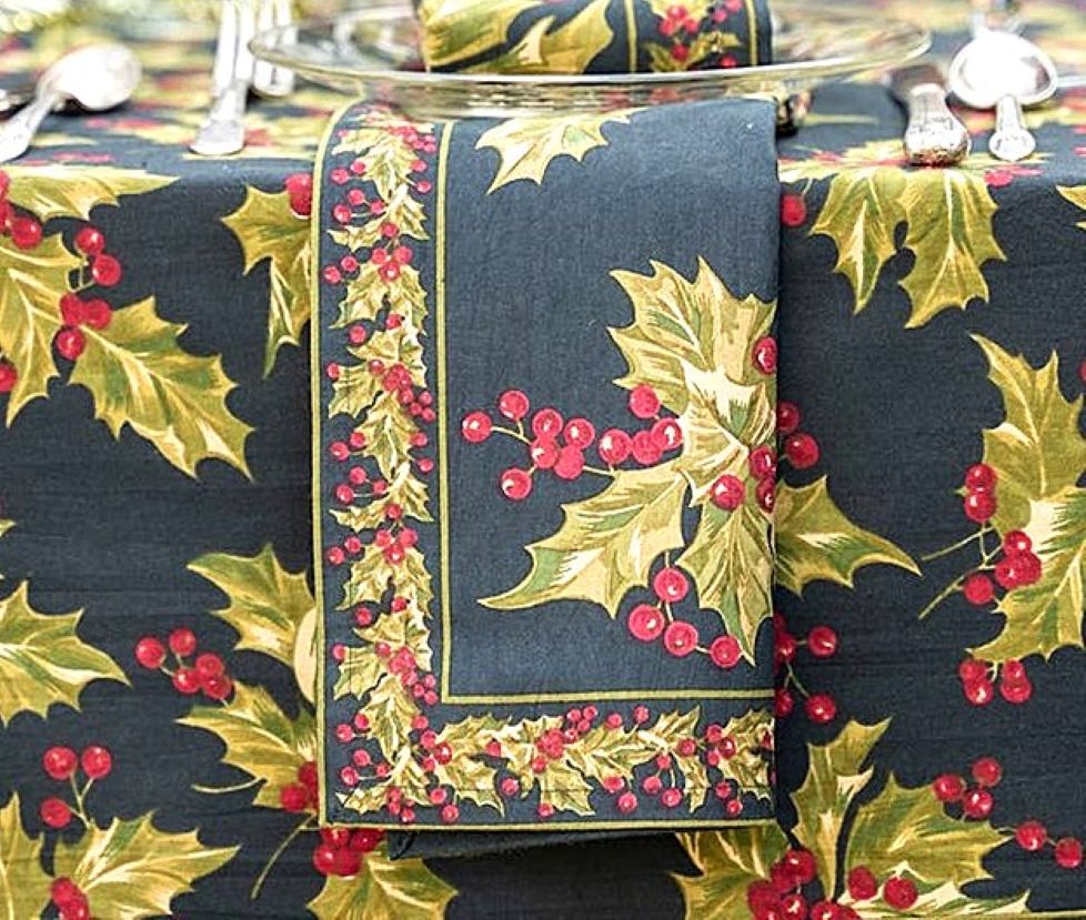 Winterberry Print Tablecloth Sets The Stage For A Festive Holiday Affair. Black (2 sizes)