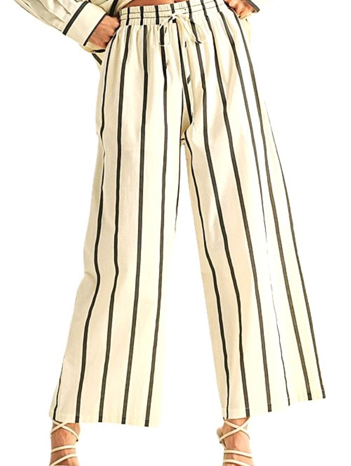 Stripe Straight Legs Pants with Elastic Band (Cream Black)