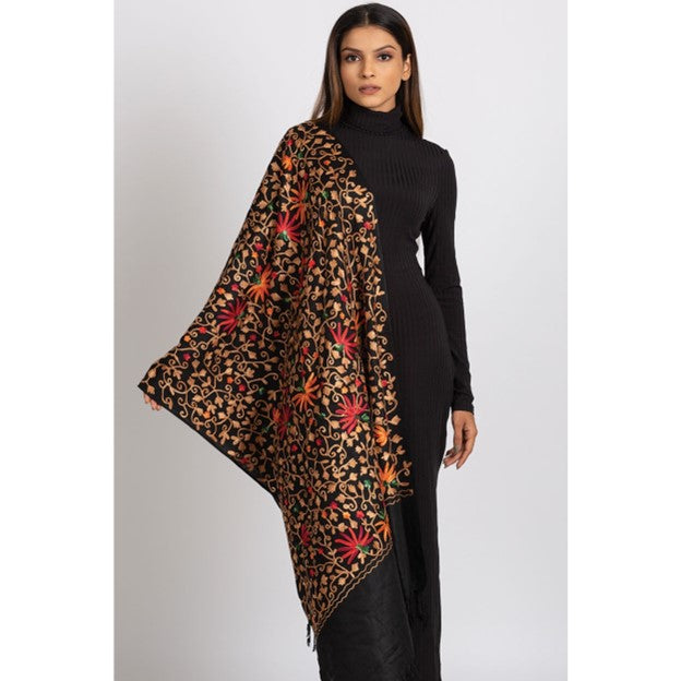 Kamal Embroidered Shawl in Black, Gold and Reds