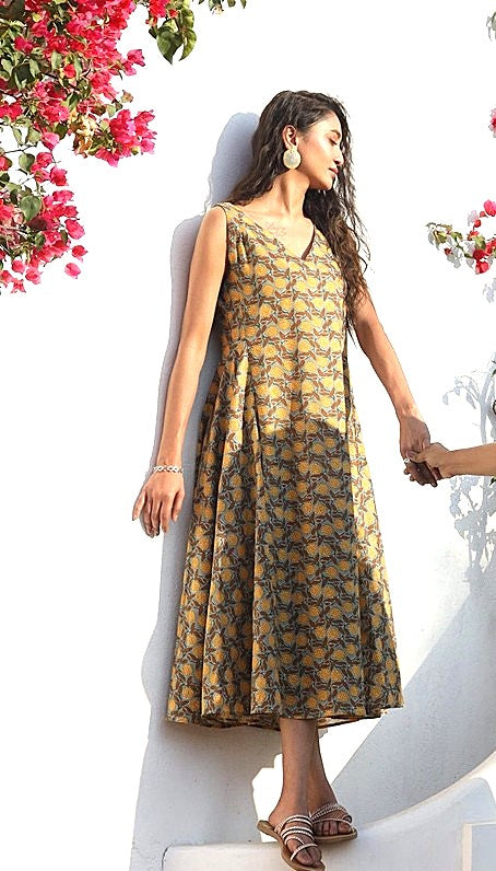 Midi Length Sleevless Sun Dress Is Stylish And Chic. (Earth Tones)