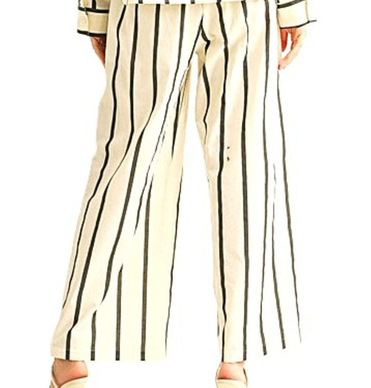Stripe Straight Legs Pants with Elastic Band (Cream Black)