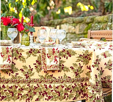 Winterberry Print Tablecloth Sets The Stage For A Festive Holiday Affair. Ecru. (2 sizes)