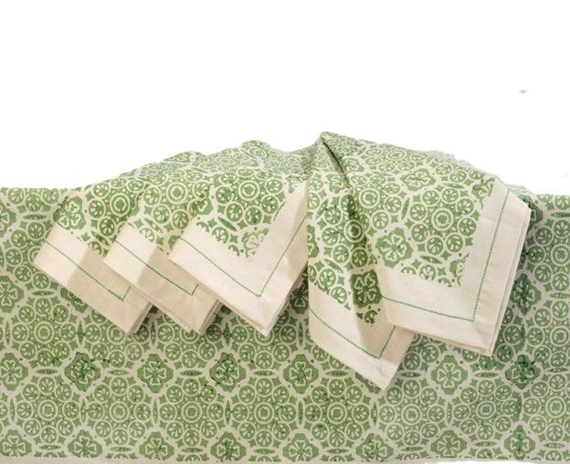 Refined Geometric Block Print, Mosaic Sage Table Cloth And Matching Napkin Sets