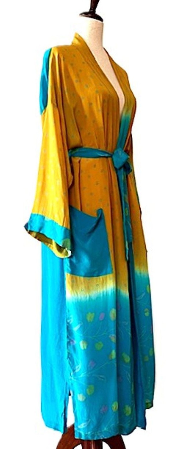 Long Silk Kimono Duster,  Dramatic Mixed Prints. (Bronze Turquoise)