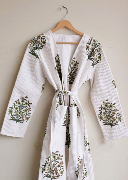 Block Print Cotton Kimono With Kantha Quilting.  Fresh and Sopisticated. (White)