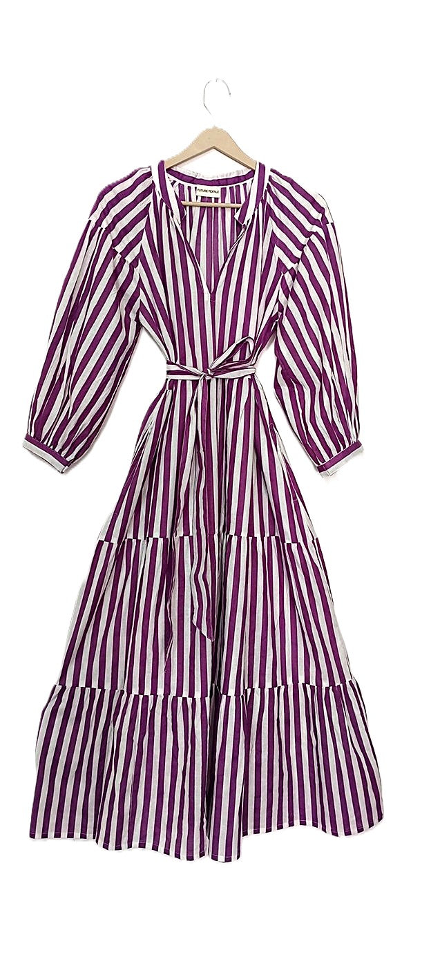 Striped Cotton Handblock Midi Dress (Purple White Stripe)