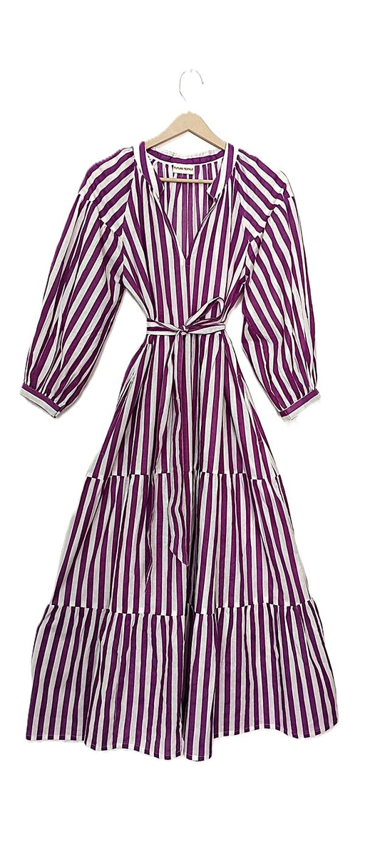 Striped Cotton Handblock Midi Dress (Purple White Stripe)