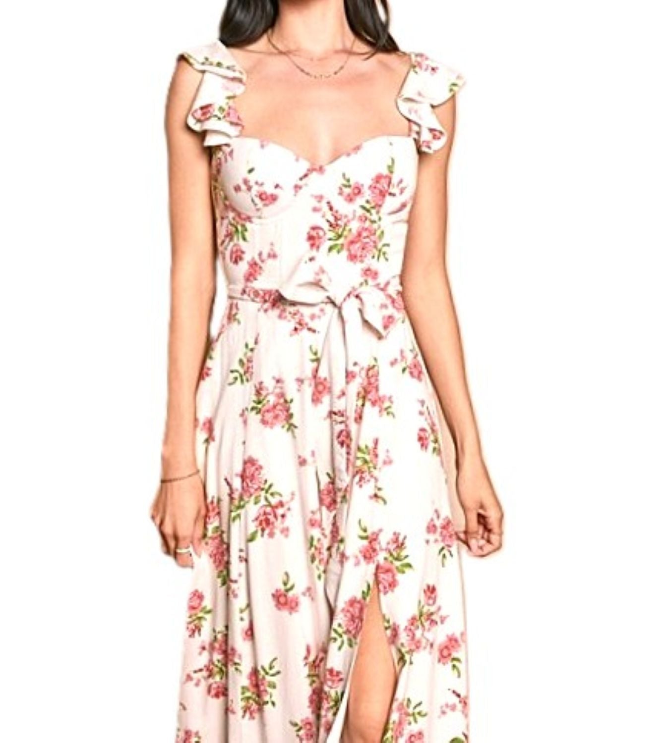 Dresses: Pink Floral Corset Flutter Midi.