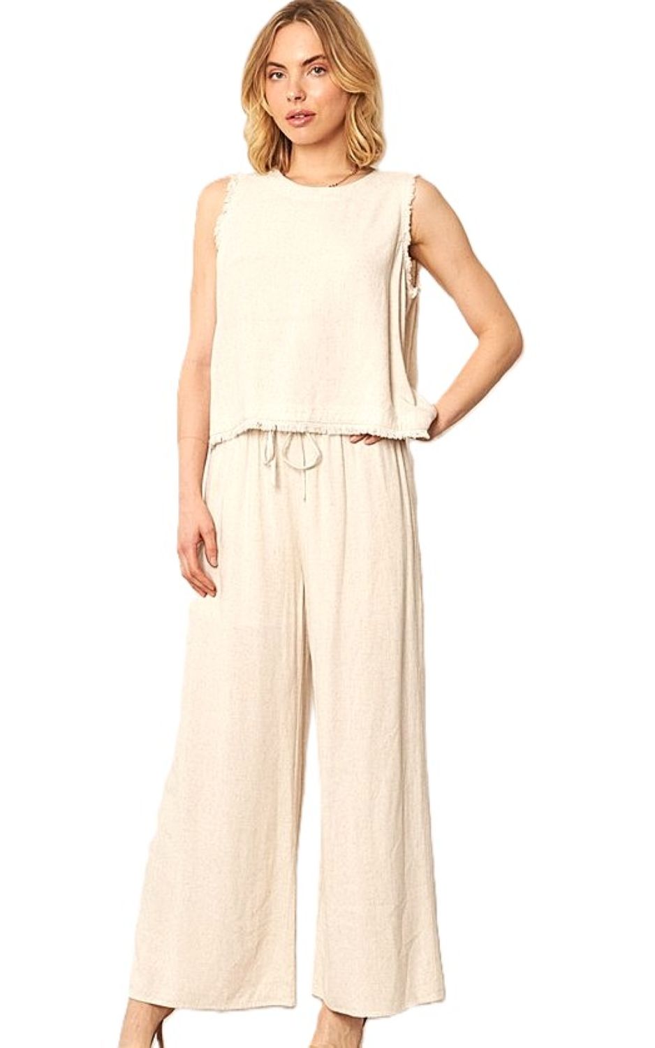 Pant Sets, Linen Crop Top With Banded Waist Pants (Natural)