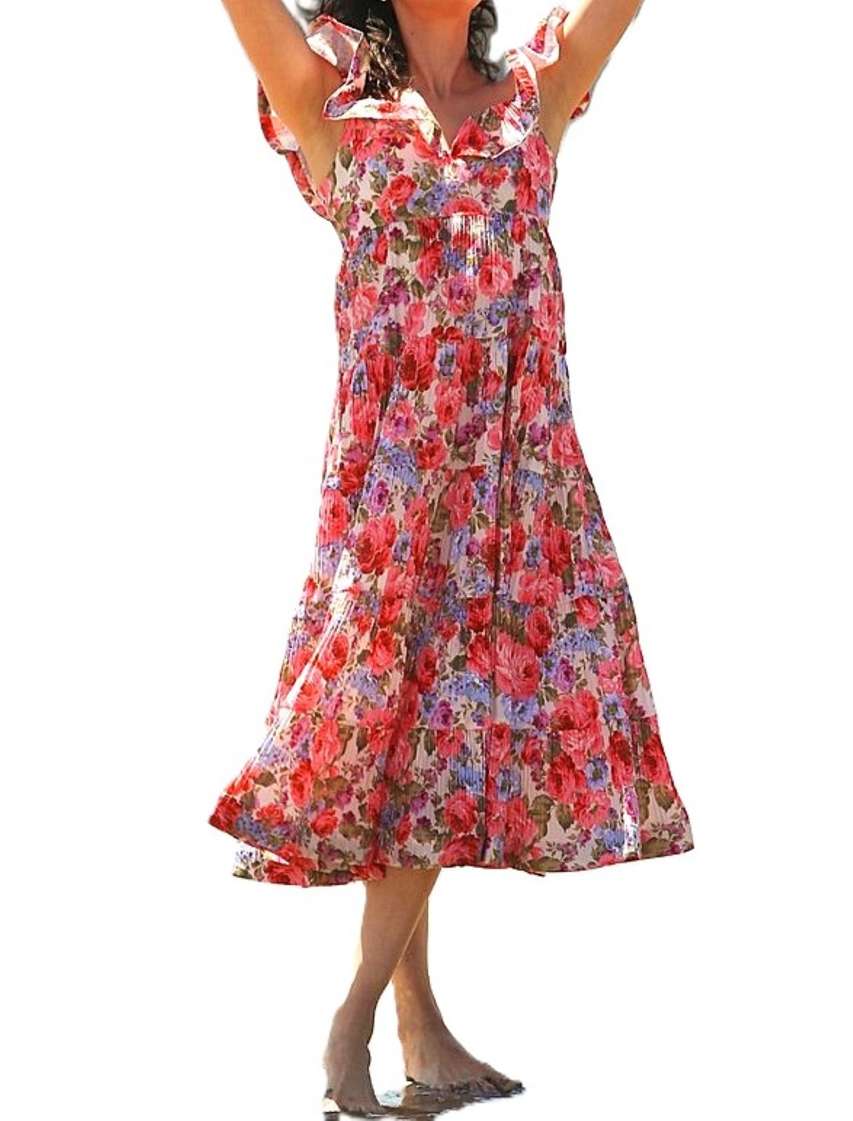 Dresses: Floral Print Tiered & Ruffled Pleats Midi Dress.