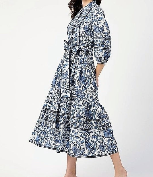 Cotton Block Print Midi Dress Is Smart With A Polished Look (Blue and white)