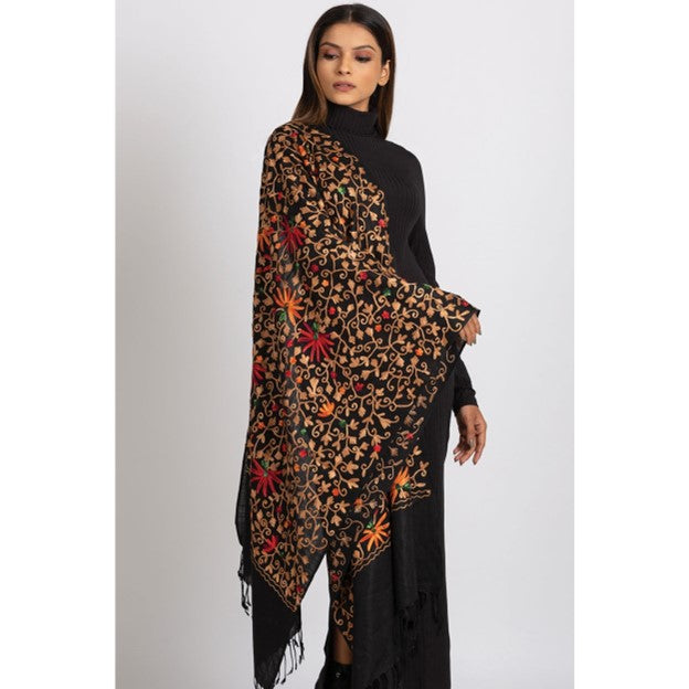 Kamal Embroidered Shawl in Black, Gold and Reds