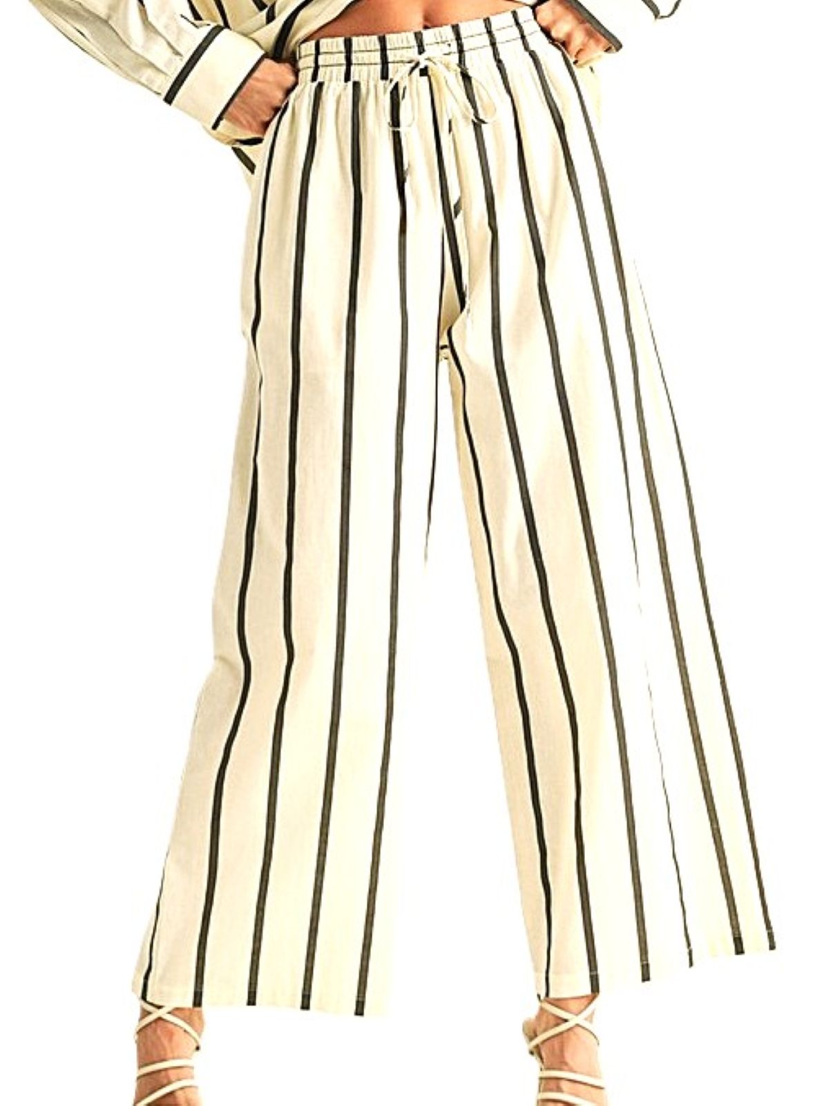 Stripe Straight Legs Pants with Elastic Band (Cream Black)