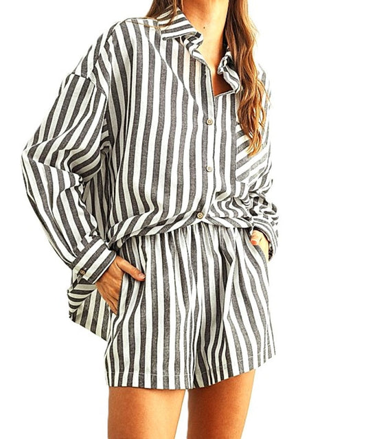 Short Set, 2 Piece Striped Button Down Linen Set (Black White Stripe)