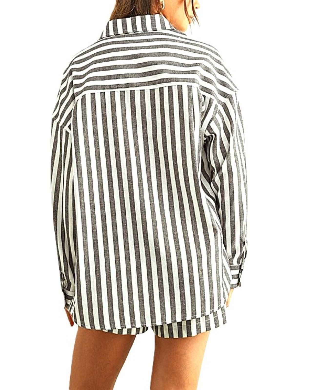 Short Set, 2 Piece Striped Button Down Linen Set (Black White Stripe)