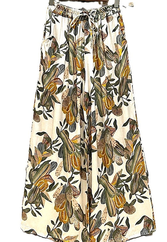 Pants- Italian One Size Ivory Botanical Print Wide-Leg.  Flattering