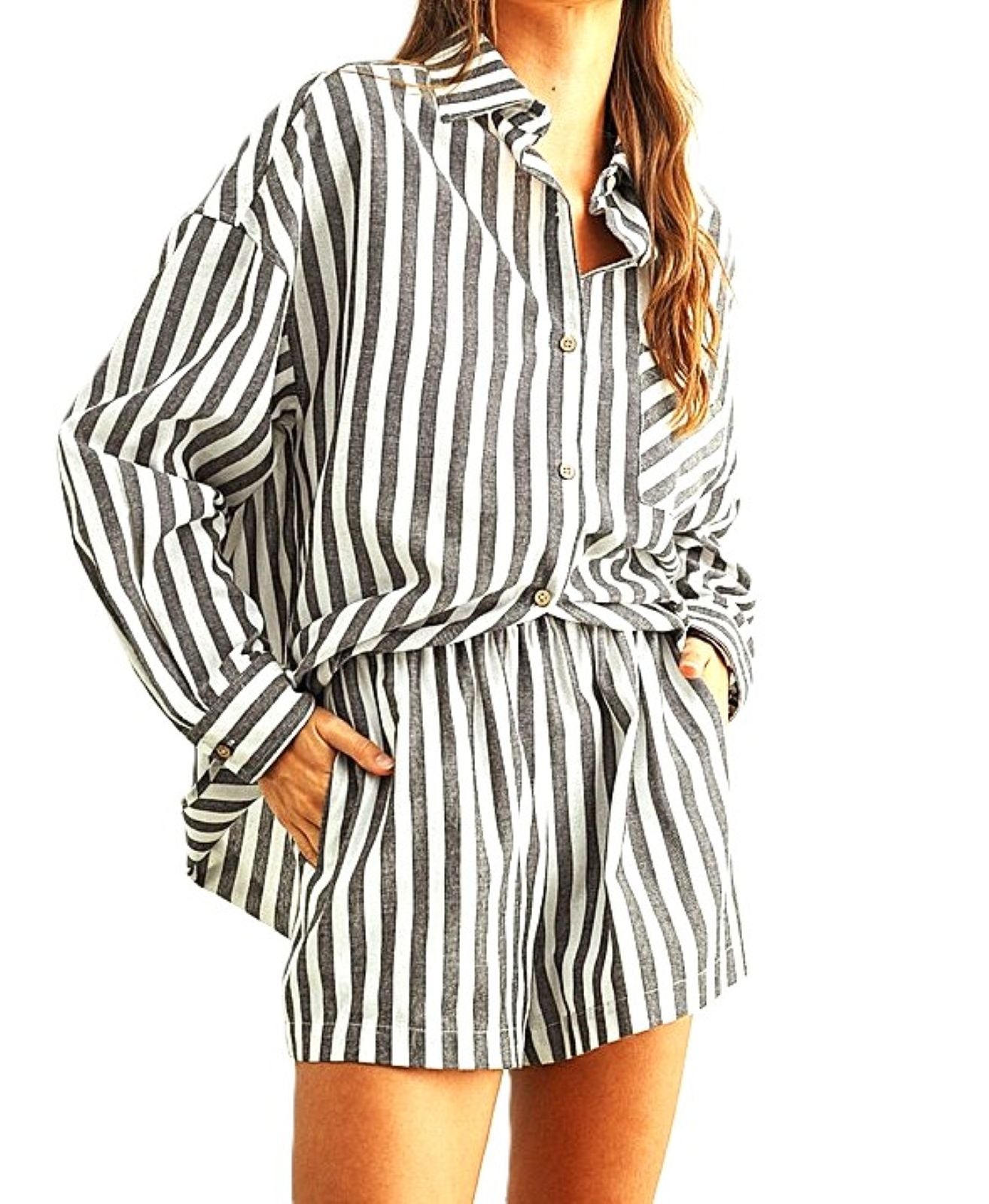 Short Set, 2 Piece Striped Button Down Linen Set (Black White Stripe)