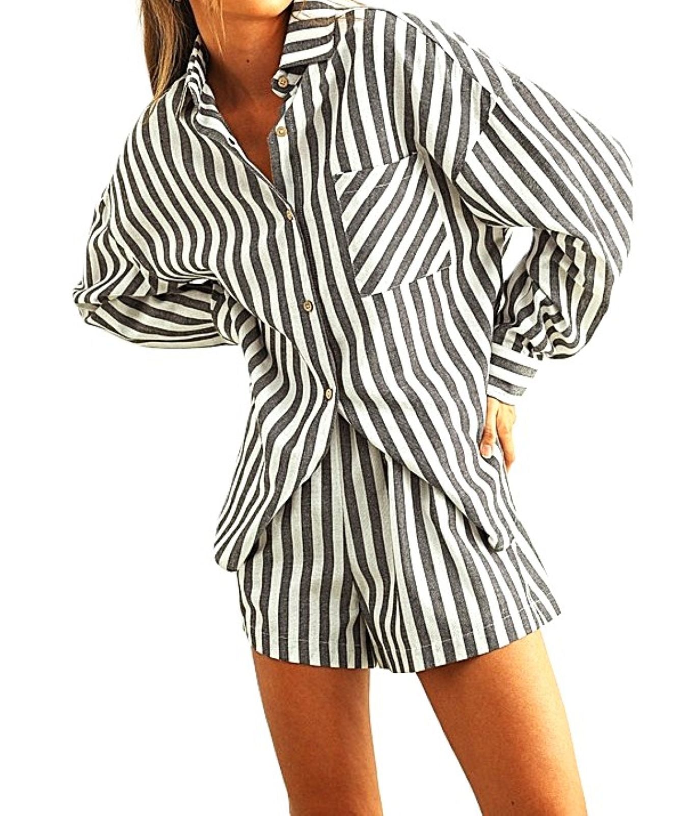 Short Set, 2 Piece Striped Button Down Linen Set (Black White Stripe)