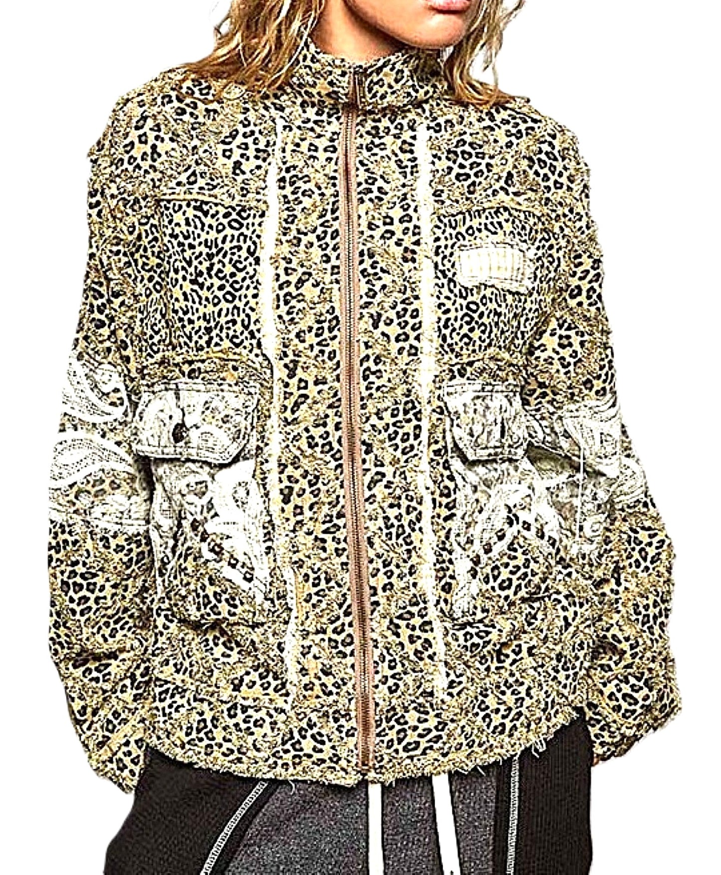 Jacket: Long Sleeve Textured Woven Lace Patchwork Top (Leopard)