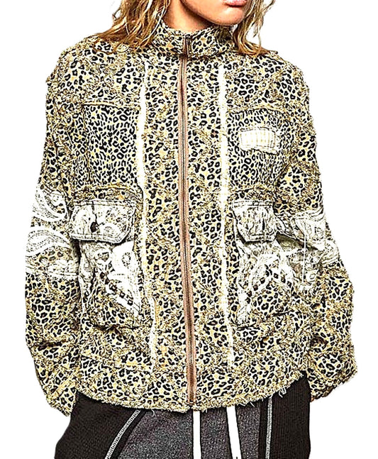 Jacket: Long Sleeve Textured Woven Lace Patchwork Top (Leopard)
