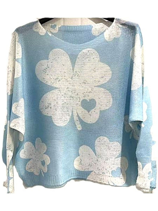 Italian Knit Floral Print Sweater: Coblu Blue, One Size