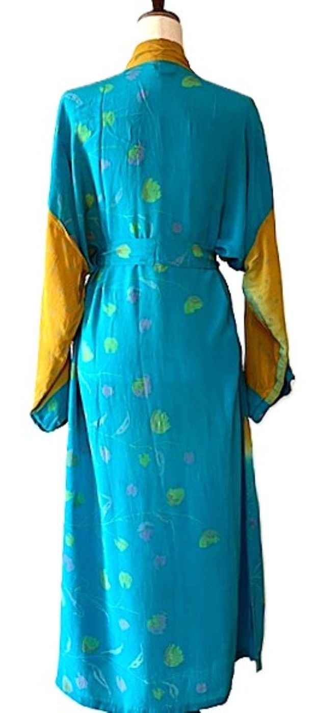 Long Silk Kimono Duster,  Dramatic Mixed Prints. (Bronze Turquoise)