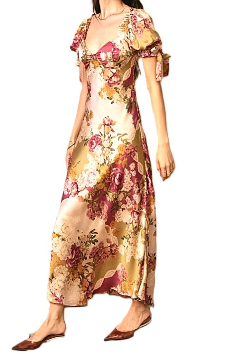 Dresses: Patchwork Floral Bow Tie Puff Sleeve Dress (Fall Colors)