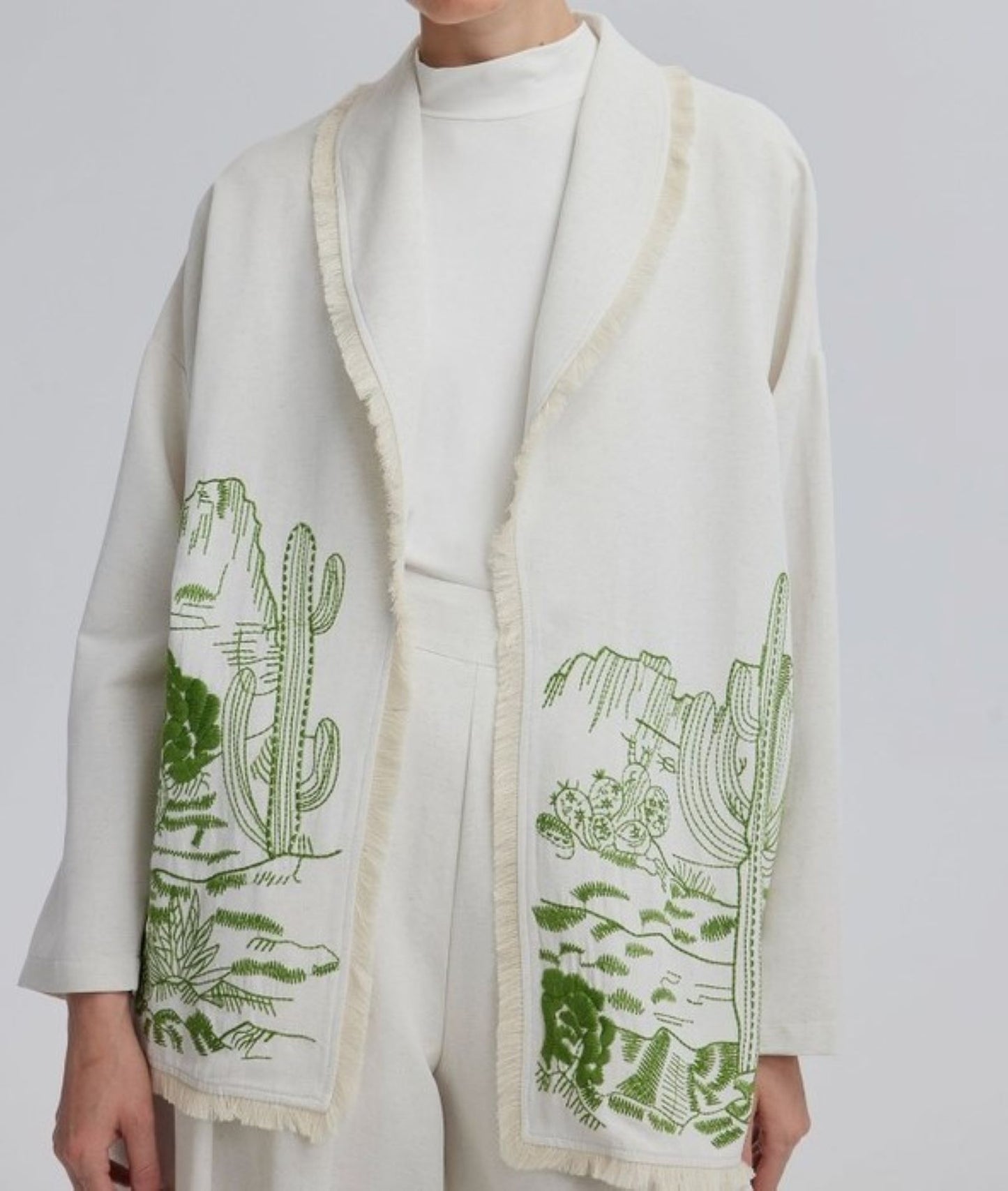 Embroidered Linen Jacket with Fringe Detailing. Desert Scene.