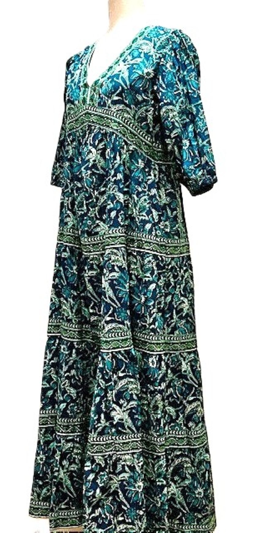 Exceptional Cotton Block Print Midi Dress (Green and Blue )