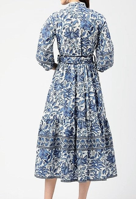 Cotton Block Print Midi Dress Is Smart With A Polished Look (Blue and white)